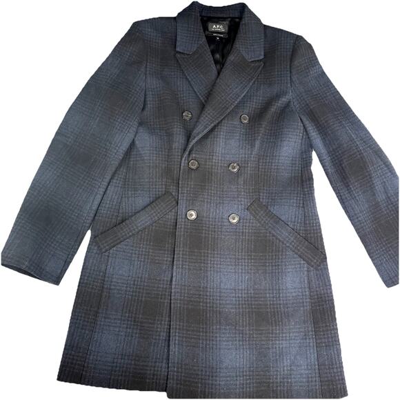 APC Rue Madame Paris Women's Wool Plaid Coat Jacket Black Blue EUC size 38 - Picture 1 of 12